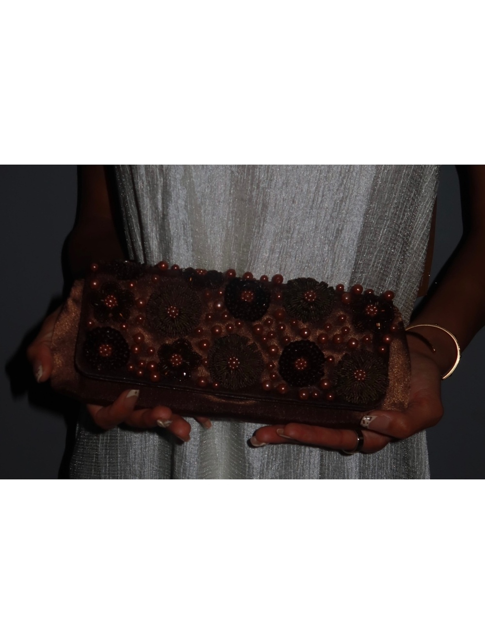 Boho Glam Bronze Beaded Floral Sequin Evening Clutch Bag